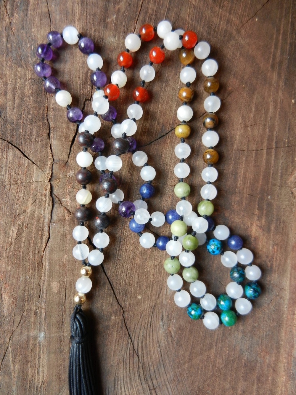 Seven Chakra Japa Mala, Genuine Gemstone Necklace with Tassel